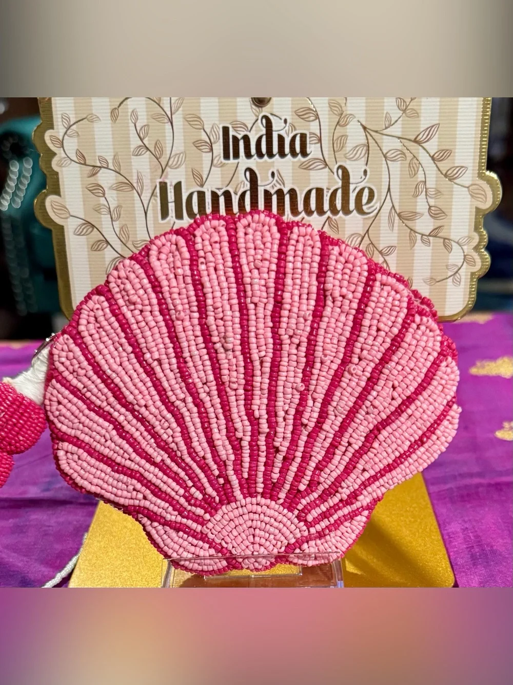 NWT Handcrafted in India Beaded Pink Seashell Pouch